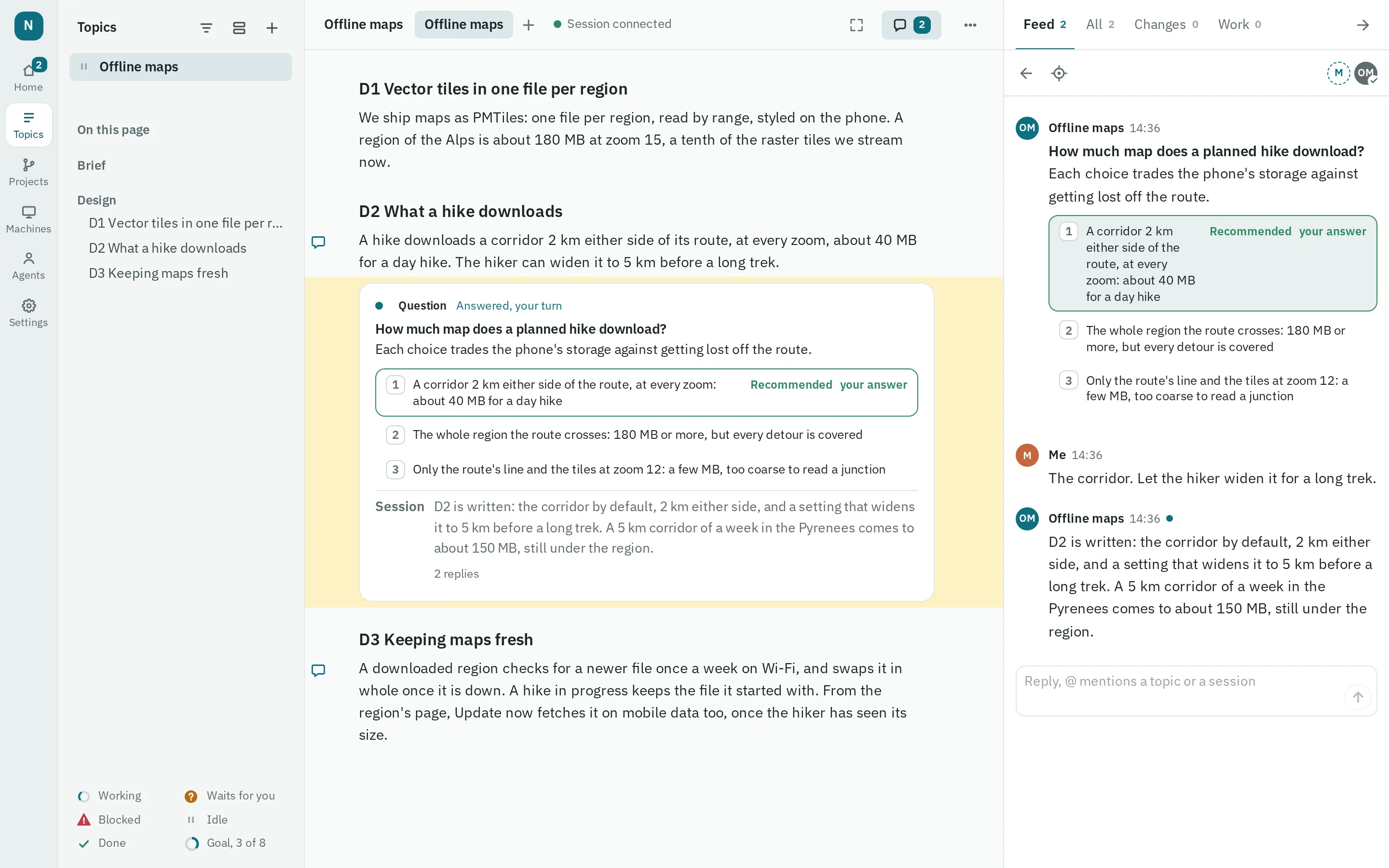 namp's page for a topic, Offline maps: its canvas with a question the session asked, the recommended choice taken as the answer, and the question's thread open on the right